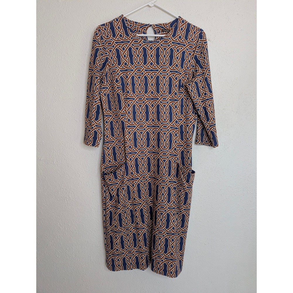 J.McLaughlin Womens Catalina Cloth Dress L Blue Geometric 3/4 Sleeve Pocket